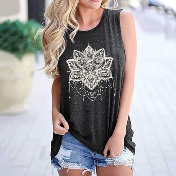 Tops - Boho Lotus Flower Printed Wide Racerback Graphic Tee Tank Top Cami T Shirt Yoga